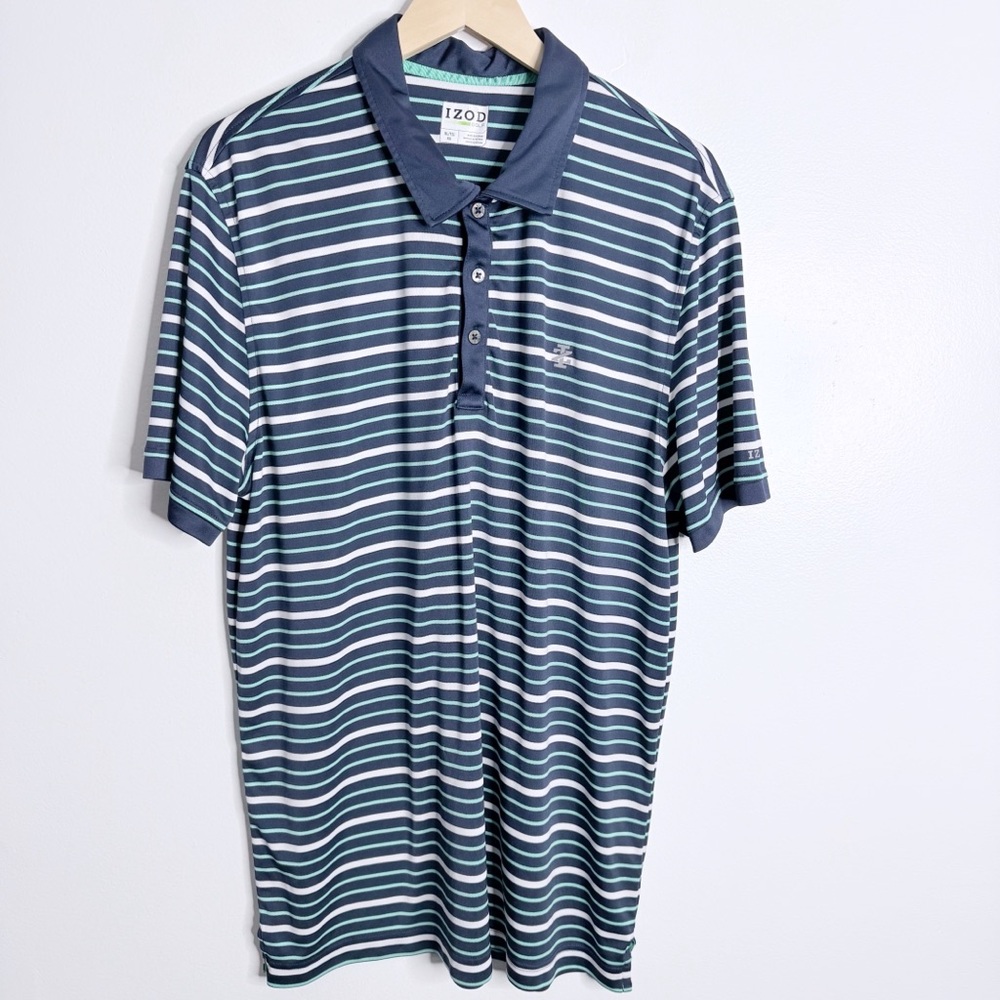 Izod Mens Golf Polo XL Short Sleeves Blue White Stripe‎ Activewear Sport Stretch